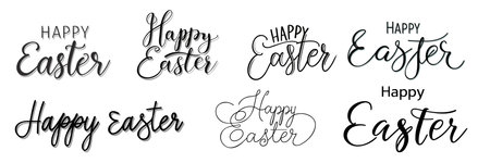 Set happy Easter black linear lettering with swooshes. Hand drawn elegant modern vector calligraphyのイラスト素材