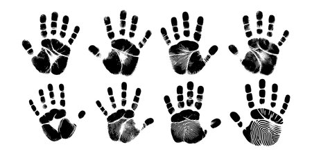 Hand palm print isolated on white background. Creative paint hands prints. Happy childhood design. Artistic kids stamp, bright human fingers and palm Vector illustrationのイラスト素材