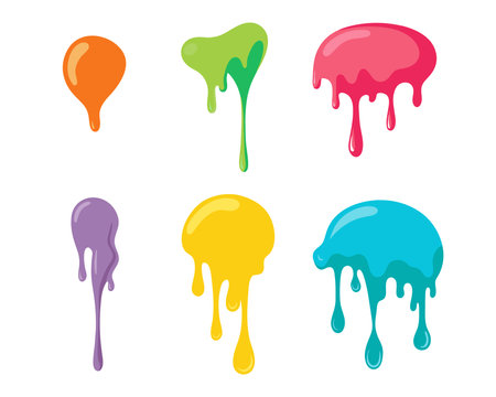 Dripping slime. Colorful dirt splat, goo dripping splodges of slime. Vector Illustration with Cute Cartoon Color Paint Splashes, Splatters, Spot, Blots Flat styleのイラスト素材