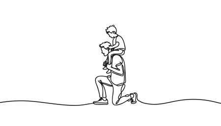 father and child shoulders on shoulders. One line drawing and continuous style.のイラスト素材