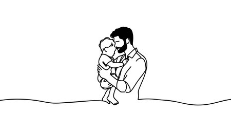 Happy father holding his son in his arms. drawn with one continuous line silhouette. Vector illustration.のイラスト素材