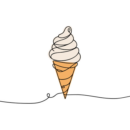 Soft serve ice cream in waffle cone in continuous line art drawing style. Black line sketch on white background. Vector illustrationのイラスト素材