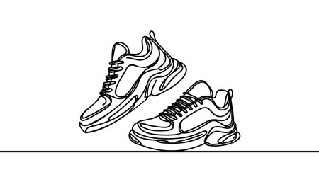 Continuous line drawing of casual sneakers shoes. Single one line art of sport shoes. Vector illustration.のイラスト素材