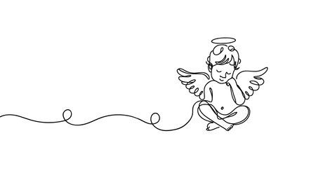 Little baby Christmas Angel flying in the sky. Fairy tale book character. Continuous line art.のイラスト素材