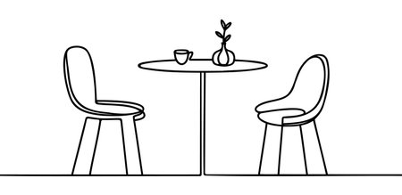 Continuous line drawing. Table with chairs. Cafe or restaurant background. Hand drawn vector illustrationのイラスト素材