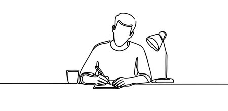 Continuous One Line Drawing of man working at the table. Man in Office One Line Illustration. Businessman Abstract.のイラスト素材