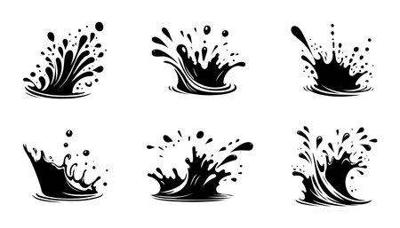 Monochrome Set of water wave splashes, falling aqua drops, sea or ocean waves. Blue water motion effects shape isolated on background, vector cartoon set.のイラスト素材