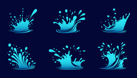 Set of water wave splashes, falling aqua drops, sea or ocean waves. Blue water motion effects shape isolated on background, vector cartoon setのイラスト素材