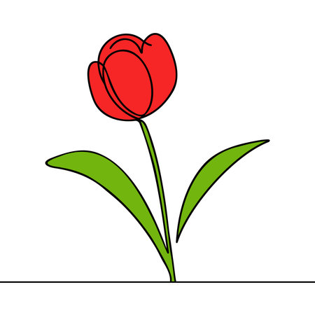 Tulip one line drawing. Abstract flower continuous line. Hand drawn sketch of flower with leavesのイラスト素材