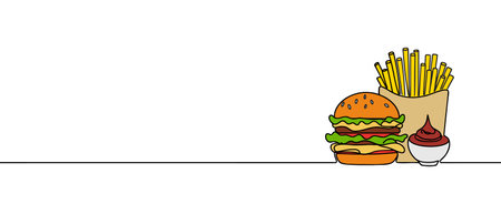 Burger and French fries takeout food in continuous line art drawing style. Fast food isolated on white backgroundのイラスト素材
