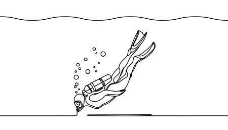 Continuous one line drawing of scuba diver illustration. Scuba diver under the sea single outline vector designのイラスト素材