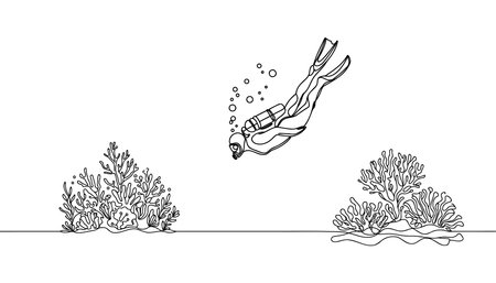 Continuous one line drawing of scuba diver illustration. Scuba diver under the sea single outline vector designのイラスト素材