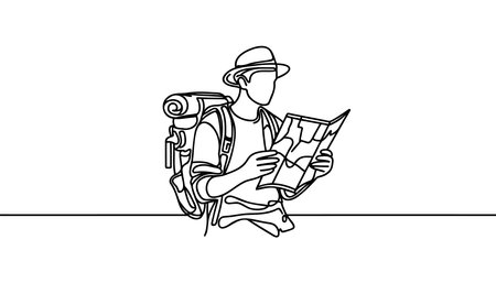 Single one line drawing. Hiker looking at a map. Adventure in mountainous terrain. Hiking, adventure tourism, travel. Vector illustration.のイラスト素材