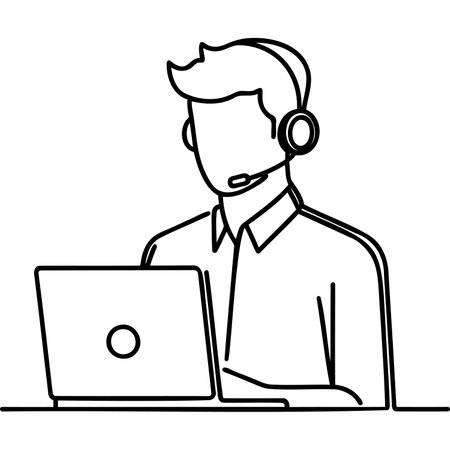 Continuous one line drawing of support service. Customer service outline vector illustrationのイラスト素材