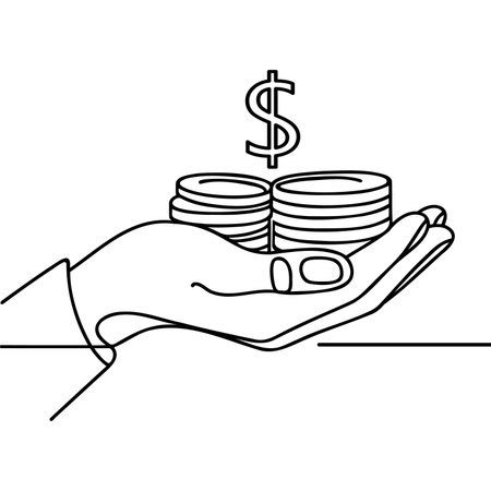 Hand holding coins continuous one line drawing art. Business linear symbol. Savings money concept. Vector isolated on white backgroundのイラスト素材