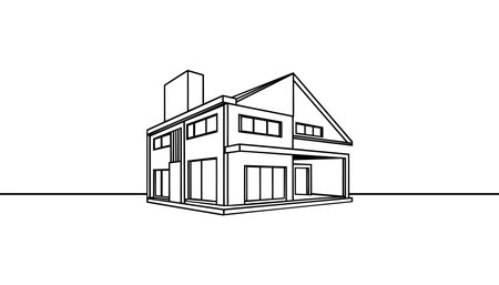 Modern house or commercial building in continuous line art drawing style. Modern architecture sketch isolated on white background. Vector illustrationのイラスト素材