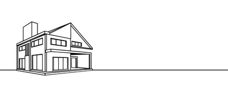 Modern house or commercial building in continuous line art drawing style. Modern architecture sketch isolated on white background. Vector illustrationのイラスト素材