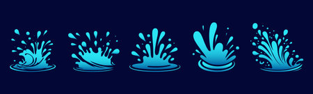 Set of water wave splashes, falling aqua drops, sea or ocean waves. Blue water motion effects shape isolated on background, vector cartoon setのイラスト素材