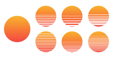 Retro sunset above the sea or ocean with sun and water silhouette. Vintage styled summer logo or icon design isolated on white backgroundのイラスト素材