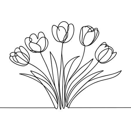 Continuous one line drawing tulips. Spring flowers concept. Single line draw design vector illustration.のイラスト素材