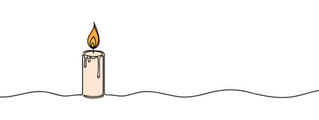 One line continuous lightning candle symbol concept. Silhouette of burning memorial ceremony church tradition. Digital white single line sketch drawing vector illustrationのイラスト素材