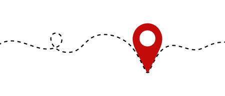Continuous one line drawing of path and red Location pointers. Map pin line background. GPS icon. Vector illustration.のイラスト素材
