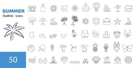 Summer vector icon set. Icons, signs and banners. Collection elements for summer holidays, travel, tourism and parties. Vector illustration.のイラスト素材