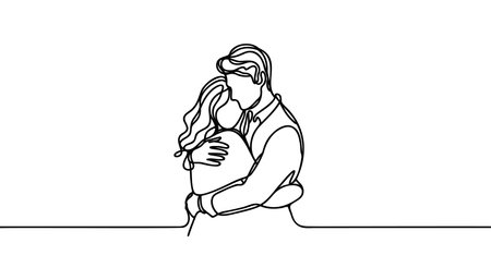 one line drawing of man and woman hugging vector minimalism. Single hand drawn continuous of man and woman in romantic moment. Vector illustrationのイラスト素材