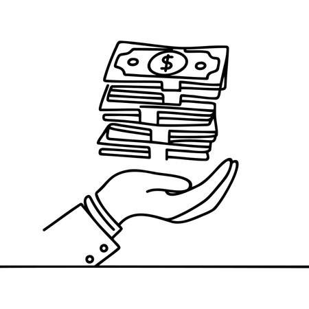 save money icon, salary money, invest finance, hand holding dollar, line symbols on white background.のイラスト素材