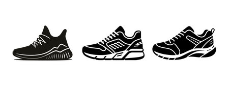 Set Sports shoes, sneakers black icon, flat design on white background. Vector illustration.のイラスト素材
