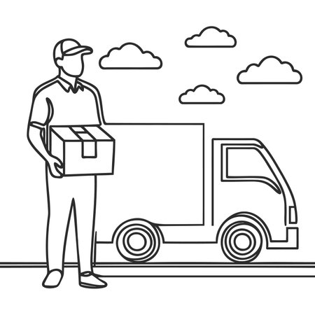 man stand and holding a goods parcel in front of a delivery van and ready for going to fast express food or product to customerのイラスト素材