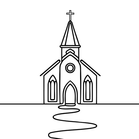 Church in continuous line art drawing style. Abstract church building with bell-tower. Vector illustration.のイラスト素材