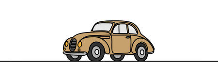 Single continuous line drawing cute elegant couple on road trip in vintage retro car. Happy man and woman in vehicle. Married couple romantic relationship. Dynamic one line draw graphic design vectorのイラスト素材