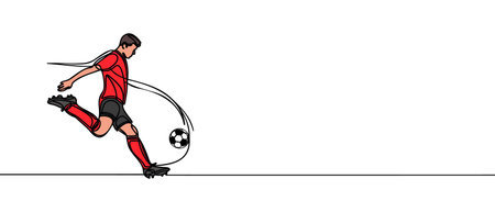 Continuous line drawing. Illustration shows a football player kicks the ball. Soccer. Vector illustration.のイラスト素材