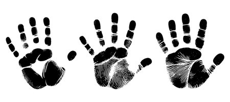 Hand palm print isolated on white background. Creative paint hands prints. Happy childhood design. Artistic kids stamp, bright human fingers and palm Vector illustrationのイラスト素材