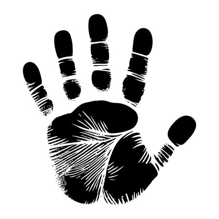 Hand palm print isolated on white background. Creative paint hands prints. Happy childhood design. Artistic kids stamp, bright human fingers and palm Vector illustrationのイラスト素材