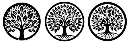 Circle tree logo icon template design. Tree of life. Round garden plant natural line symbol. Green branch with leaves business sign. Vector illustration.のイラスト素材