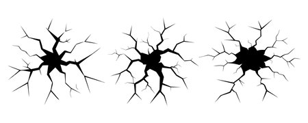 Ground cracks, breaks on land surface. Vector realistic set of fissure in ground, crevices from disaster or drought, black fractures top view.のイラスト素材