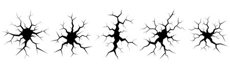 Ground cracks, breaks on land surface. Vector realistic set of fissure in ground, crevices from disaster or drought, black fractures top view.のイラスト素材