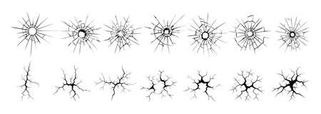 Ground cracks, breaks on land surface. Texture set Bullet hole in glass. Broken glass. Cracked window glassのイラスト素材