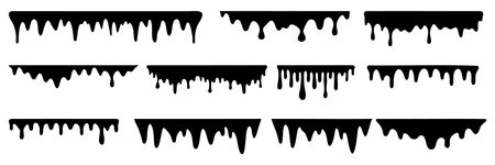 Black melting paint. Dripping splatter and dribble brush strokes with stain and leak, dirty fluid brush icons. Vector isolated set. Different borders with flowing ink, sticky liquid design.のイラスト素材