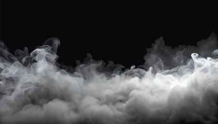 Realistic white fog or smoke on a black background. Vector illustration.のイラスト素材