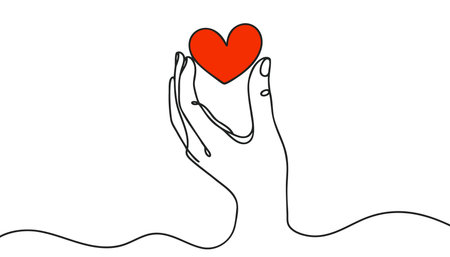 Continuous one line drawing arms hand holding heart. Vector isolated on whiteのイラスト素材
