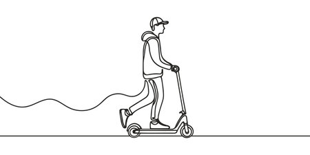 Continuous line drawing scooter of a boy rides an electric scooter. Template for your design works. Vector illustrationのイラスト素材