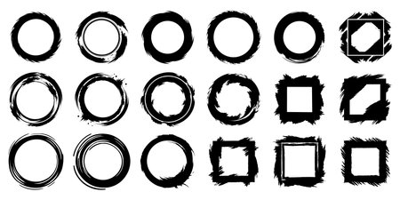 Set of vector textured circles. Collection of round paint brush strokes. Hand drawn brush stroke textures.のイラスト素材