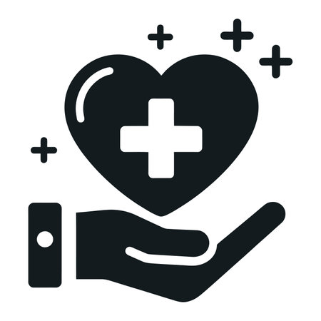 Health Care Center Icon. Flat Design. Isolated Illustration. Two hands holding a heart with a cross on itのイラスト素材