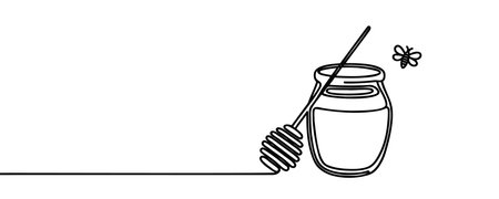 One single line drawing fresh sweet natural gold honey on glass jar with wooden dipper vector graphic illustration. Natural organic supplement concept. Modern continuous line draw healthy food design.のイラスト素材
