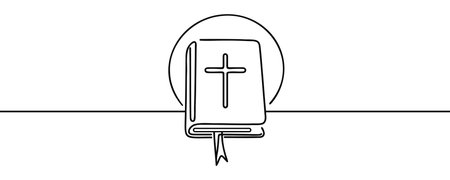 Continuous one line drawing silhouette of Bible. Bible linear icon.. Vector illustration. Line art of the Bible.のイラスト素材