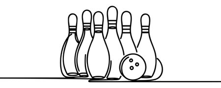 Single one line drawing bowling ball and pins. Sports equipment bowling sport game. Vector illustration.のイラスト素材