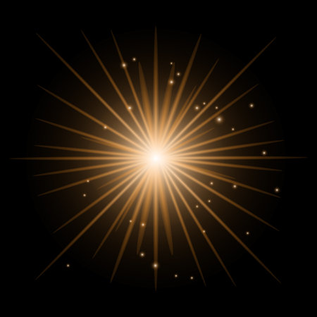 Golden shining vector sun with transparent rays. Yellow detonation effectのイラスト素材